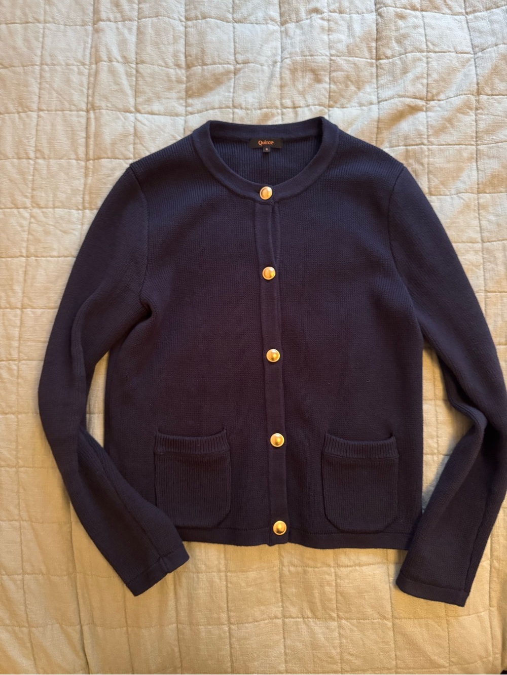 Quince Navy Cardigan with Gold Buttons